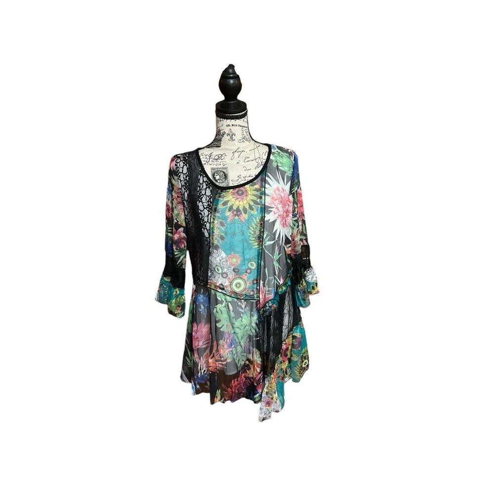 Dor Dor Couture Top Womens Medium Black Floral Mesh Sheer Boho Artsy Retro Tunic - Picture 2 of 5